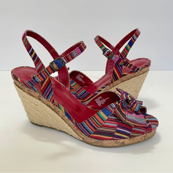 White Mountain Multicolored Mexican Print Espadrille Wedge Shoes With Bows 8.5 - Picture 1 of 13